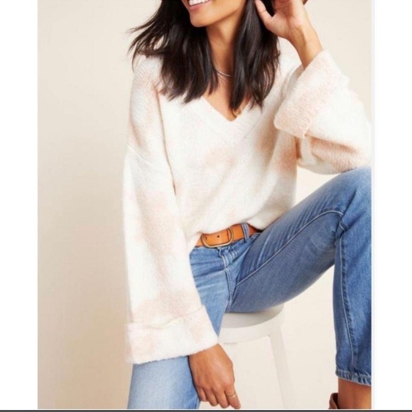 Anthropologie Pink/White Tie Dye Knit Sweater V Neck Top - Picture 2 of 8